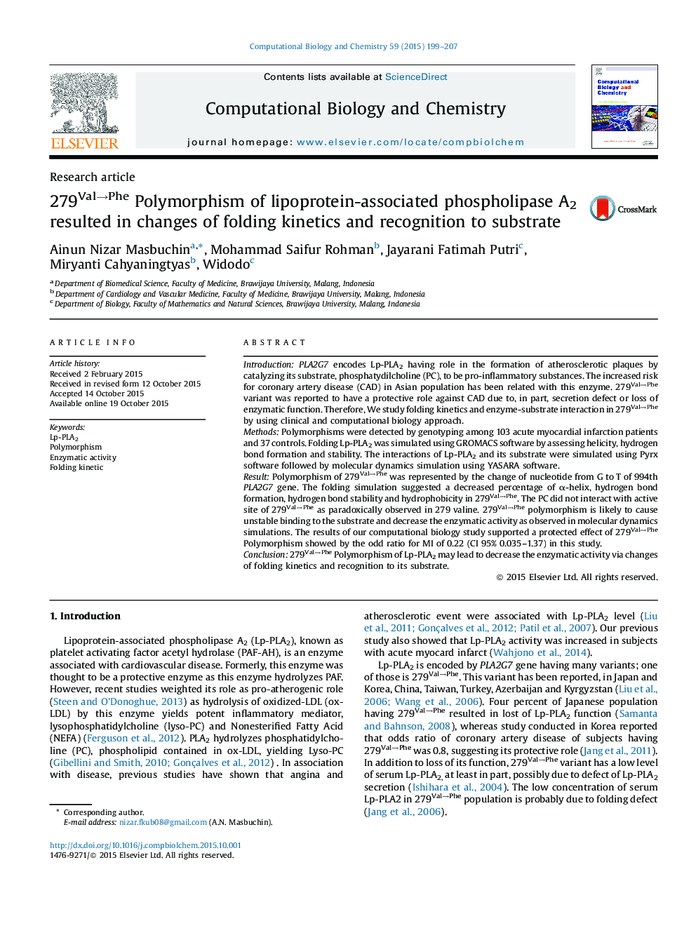 279Val→Phe Polymorphism of lipoprotein-associated phospholipase A2 resulted in changes of folding kinetics and recognition to substrate