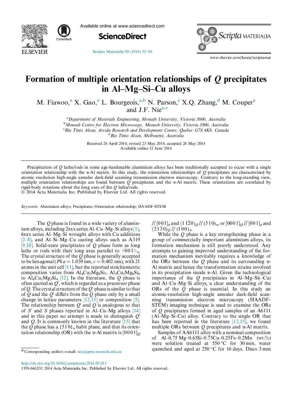 Formation of multiple orientation relationships of Q precipitates in Al–Mg–Si–Cu alloys