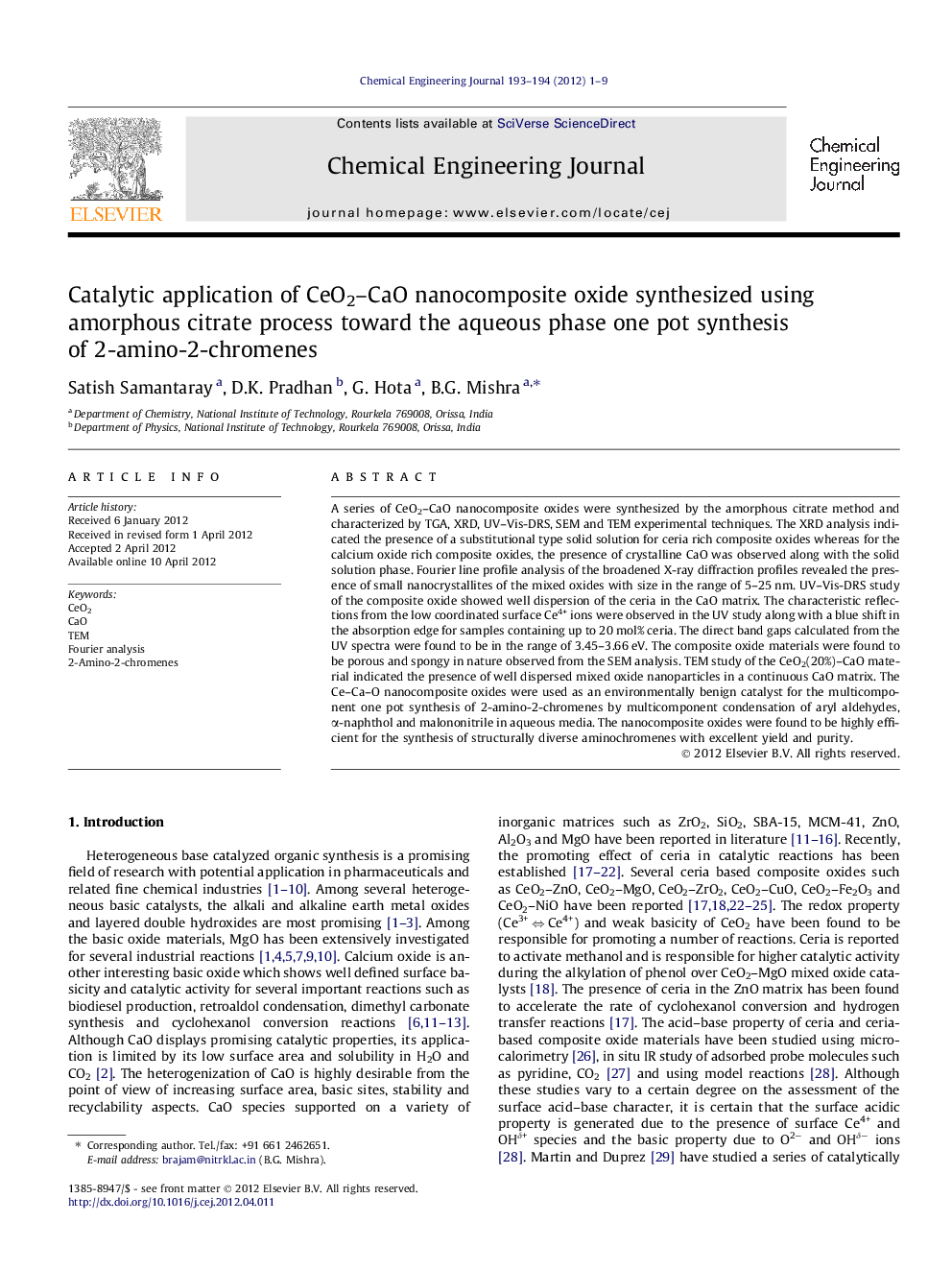 Catalytic application of CeO2–CaO nanocomposite oxide synthesized using amorphous citrate process toward the aqueous phase one pot synthesis of 2-amino-2-chromenes