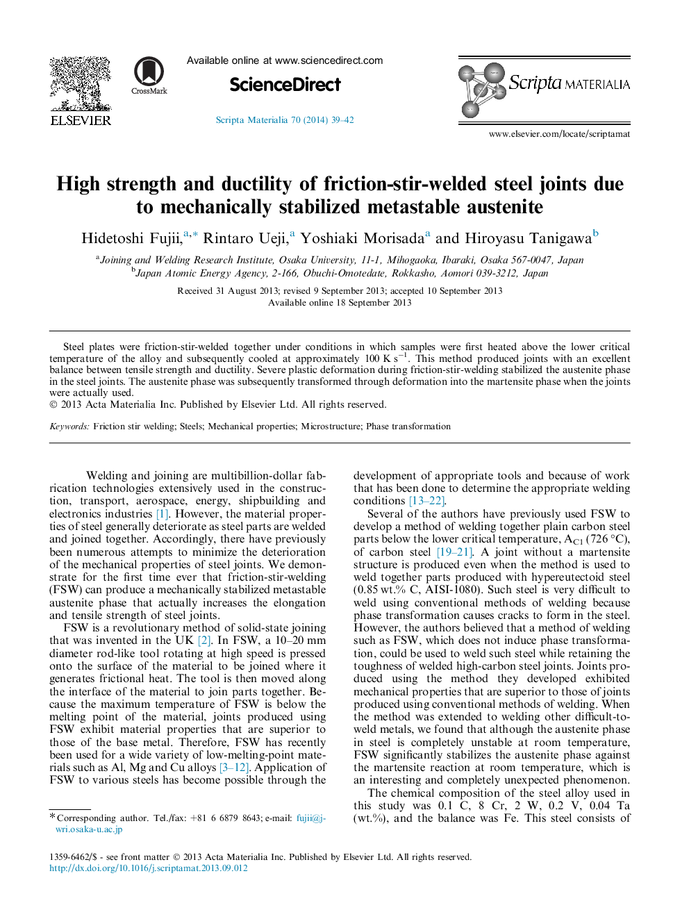 High strength and ductility of friction-stir-welded steel joints due to mechanically stabilized metastable austenite