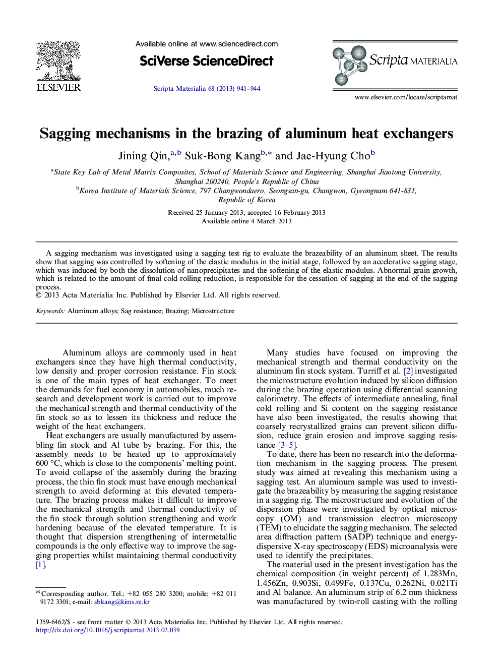 Sagging mechanisms in the brazing of aluminum heat exchangers