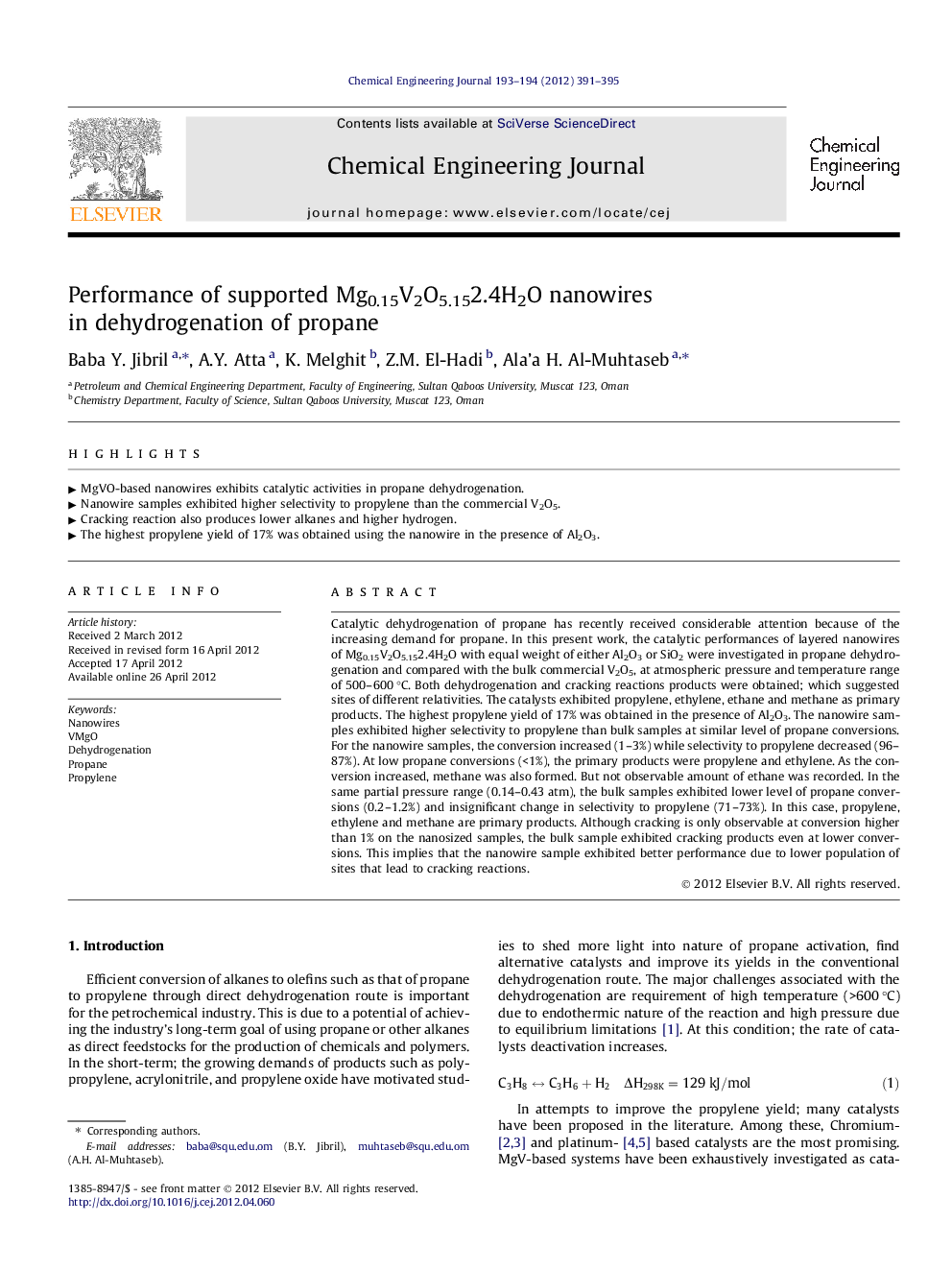عکس صفحه اول مقاله: Performance of supported Mg0.15V2O5.152.4H2O nanowires in dehydrogenation of propane Performance of supported Mg0.15V2O5.152.4H2O nanowires in dehydrogenation of propane
