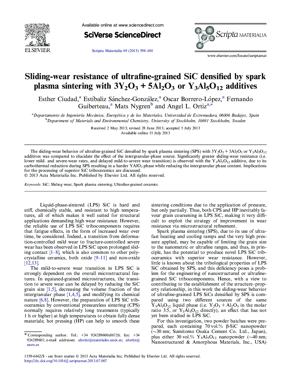 Sliding-wear resistance of ultrafine-grained SiC densified by spark plasma sintering with 3Y2O3 + 5Al2O3 or Y3Al5O12 additives