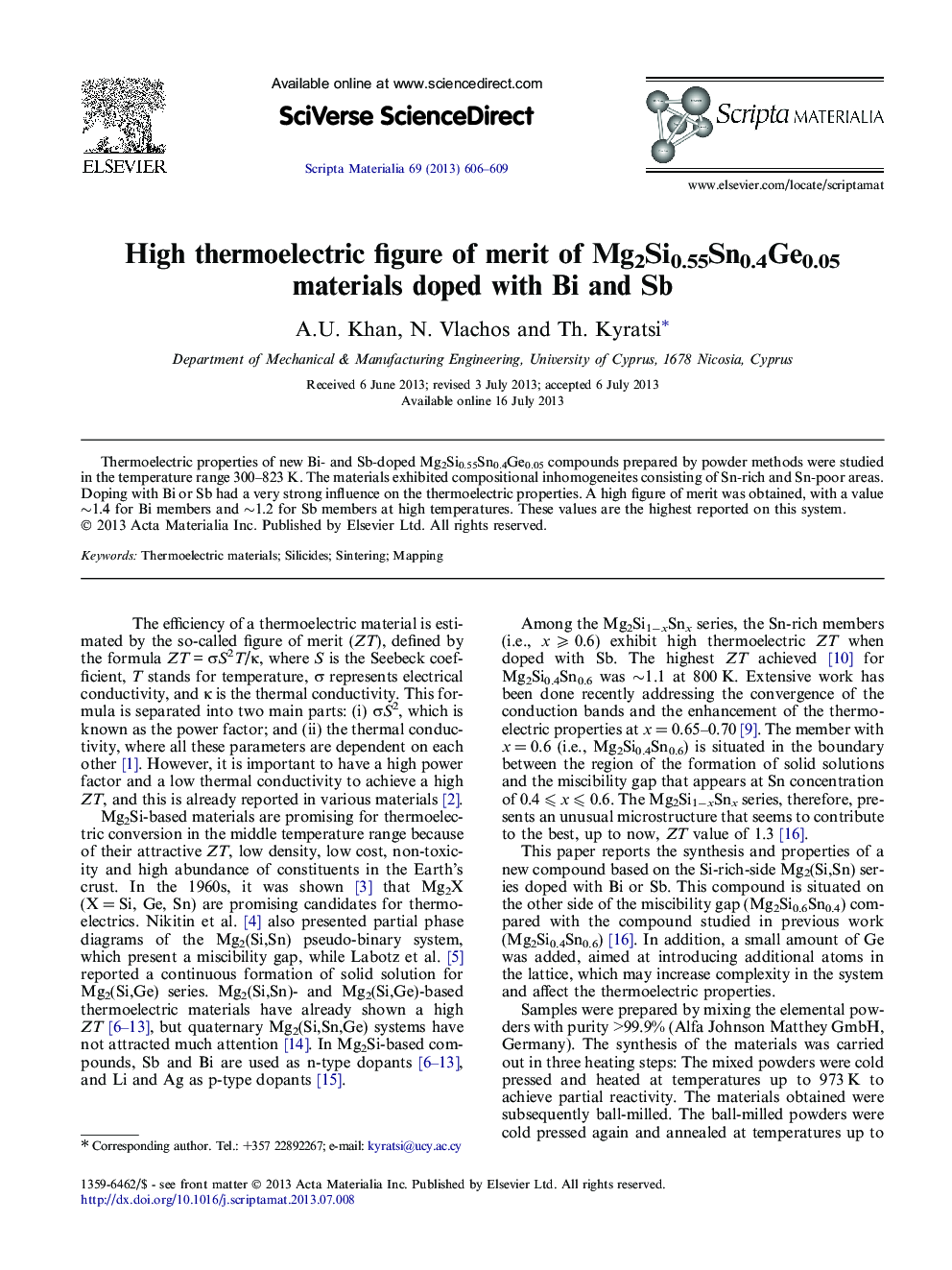 High thermoelectric figure of merit of Mg2Si0.55Sn0.4Ge0.05 materials doped with Bi and Sb