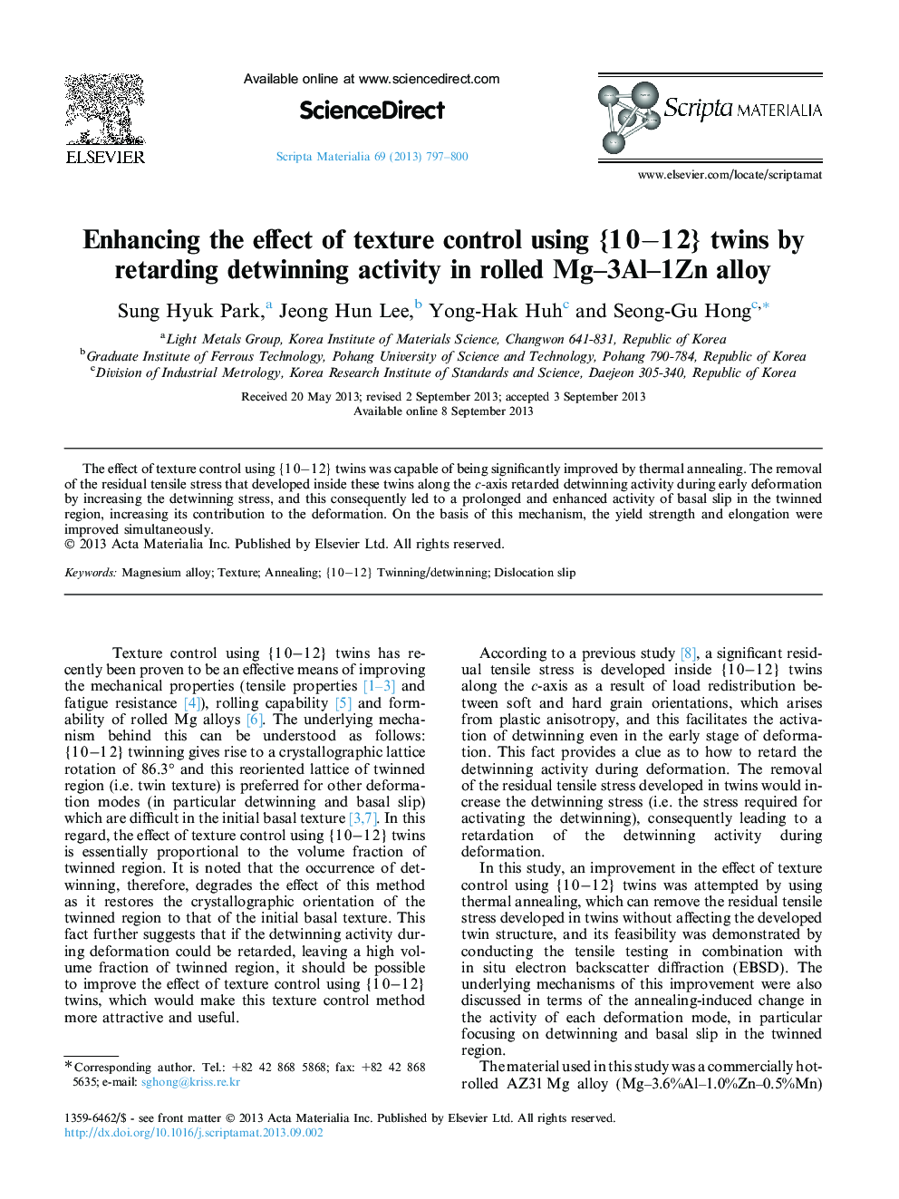 Enhancing the effect of texture control using {1 0−1 2} twins by retarding detwinning activity in rolled Mg–3Al–1Zn alloy