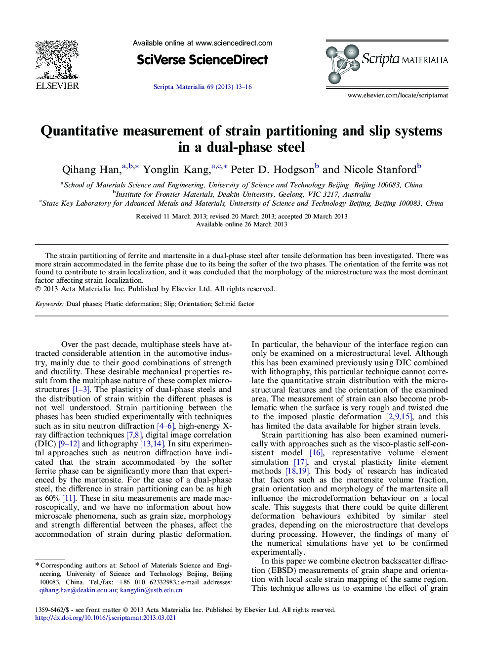 Quantitative measurement of strain partitioning and slip systems in a dual-phase steel