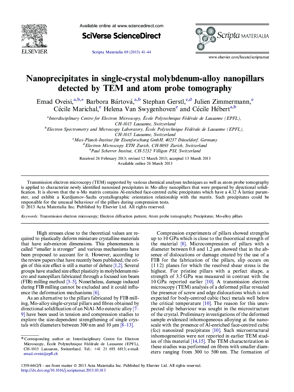 Nanoprecipitates in single-crystal molybdenum-alloy nanopillars detected by TEM and atom probe tomography