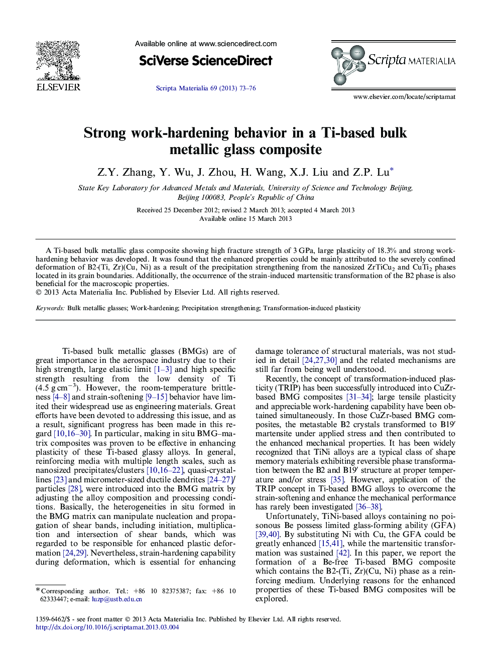 Strong work-hardening behavior in a Ti-based bulk metallic glass composite