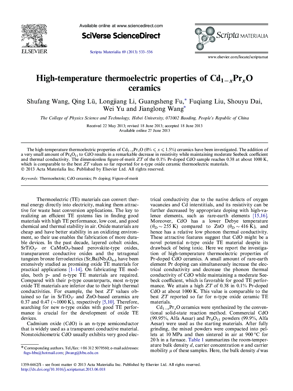 High-temperature thermoelectric properties of Cd1âxPrxO ceramics