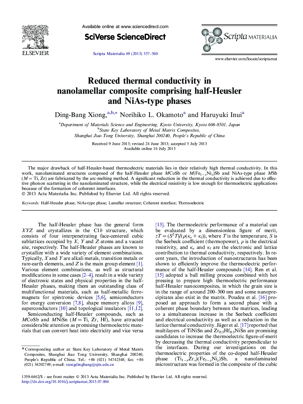 Reduced thermal conductivity in nanolamellar composite comprising half-Heusler and NiAs-type phases