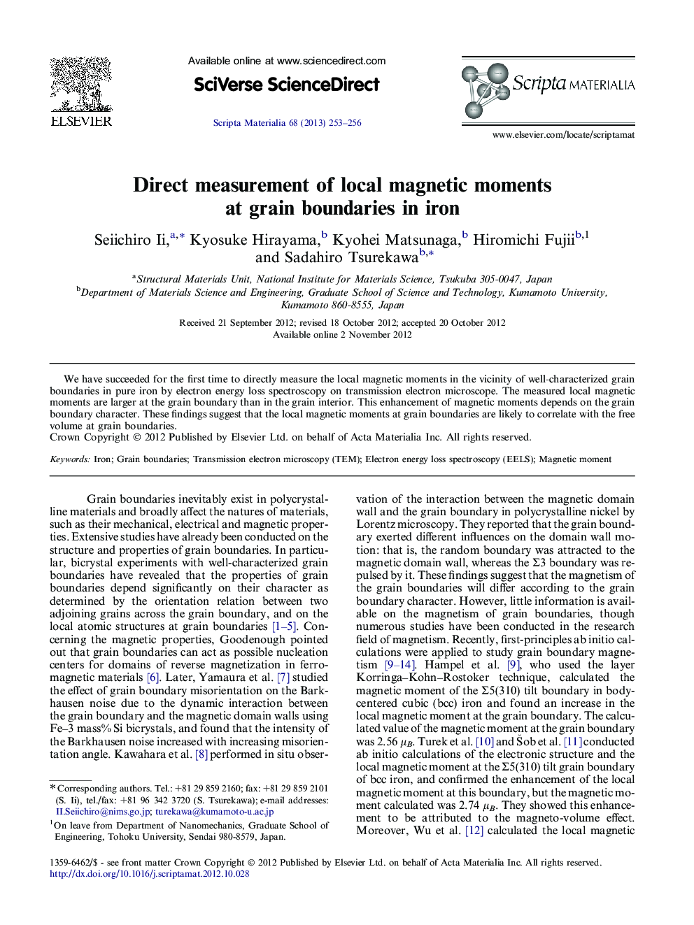 Direct measurement of local magnetic moments at grain boundaries in iron