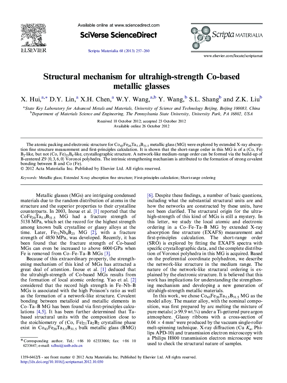 Structural mechanism for ultrahigh-strength Co-based metallic glasses