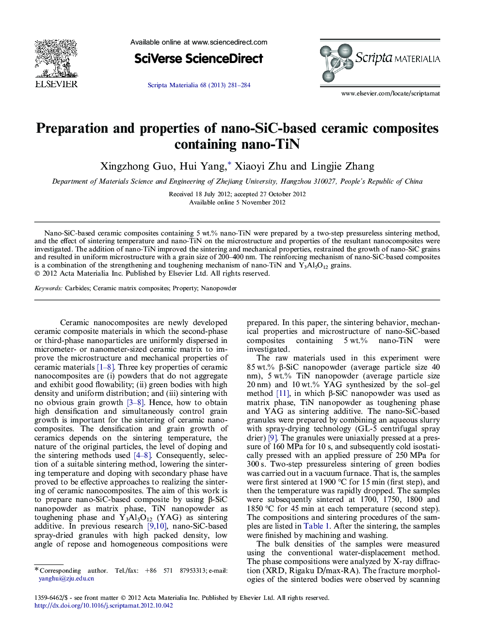 Preparation and properties of nano-SiC-based ceramic composites containing nano-TiN