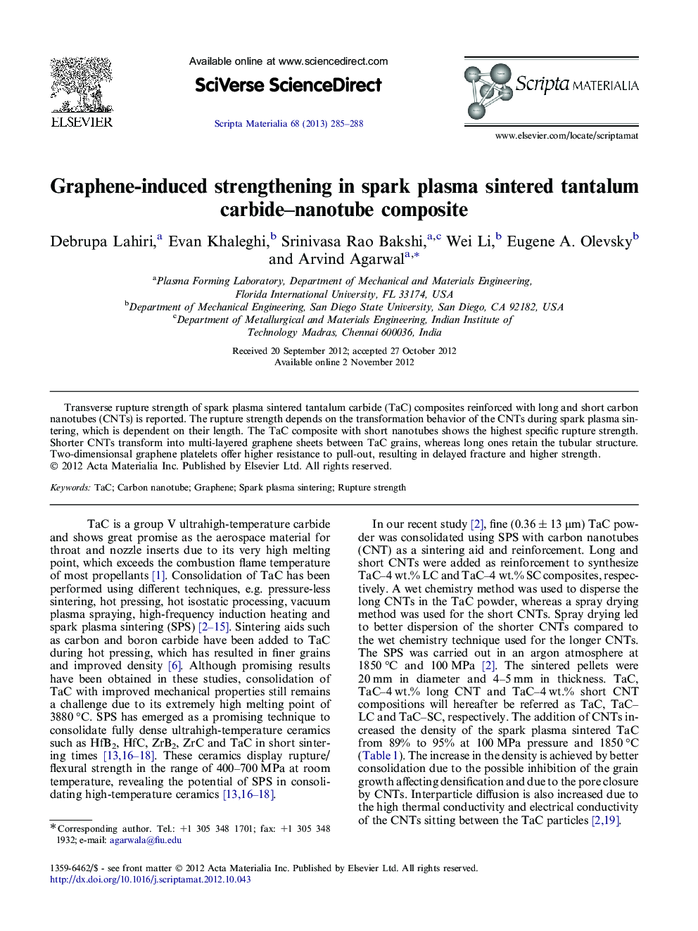 Graphene-induced strengthening in spark plasma sintered tantalum carbide–nanotube composite