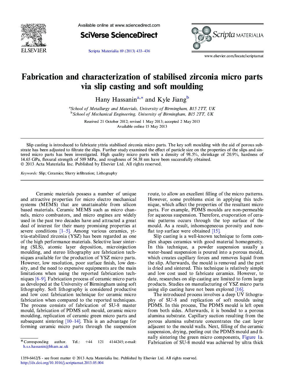 Fabrication and characterization of stabilised zirconia micro parts via slip casting and soft moulding