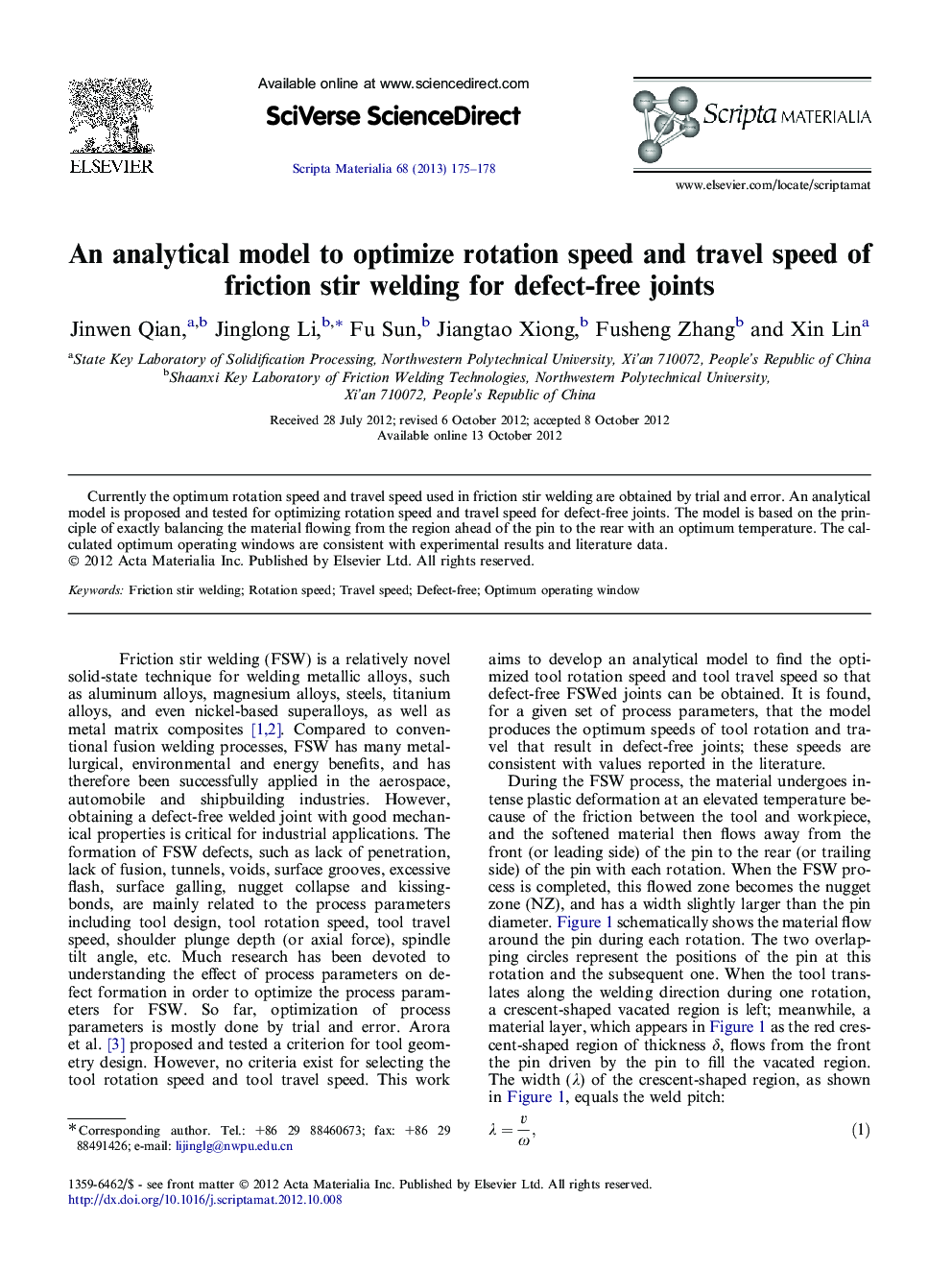 An analytical model to optimize rotation speed and travel speed of friction stir welding for defect-free joints
