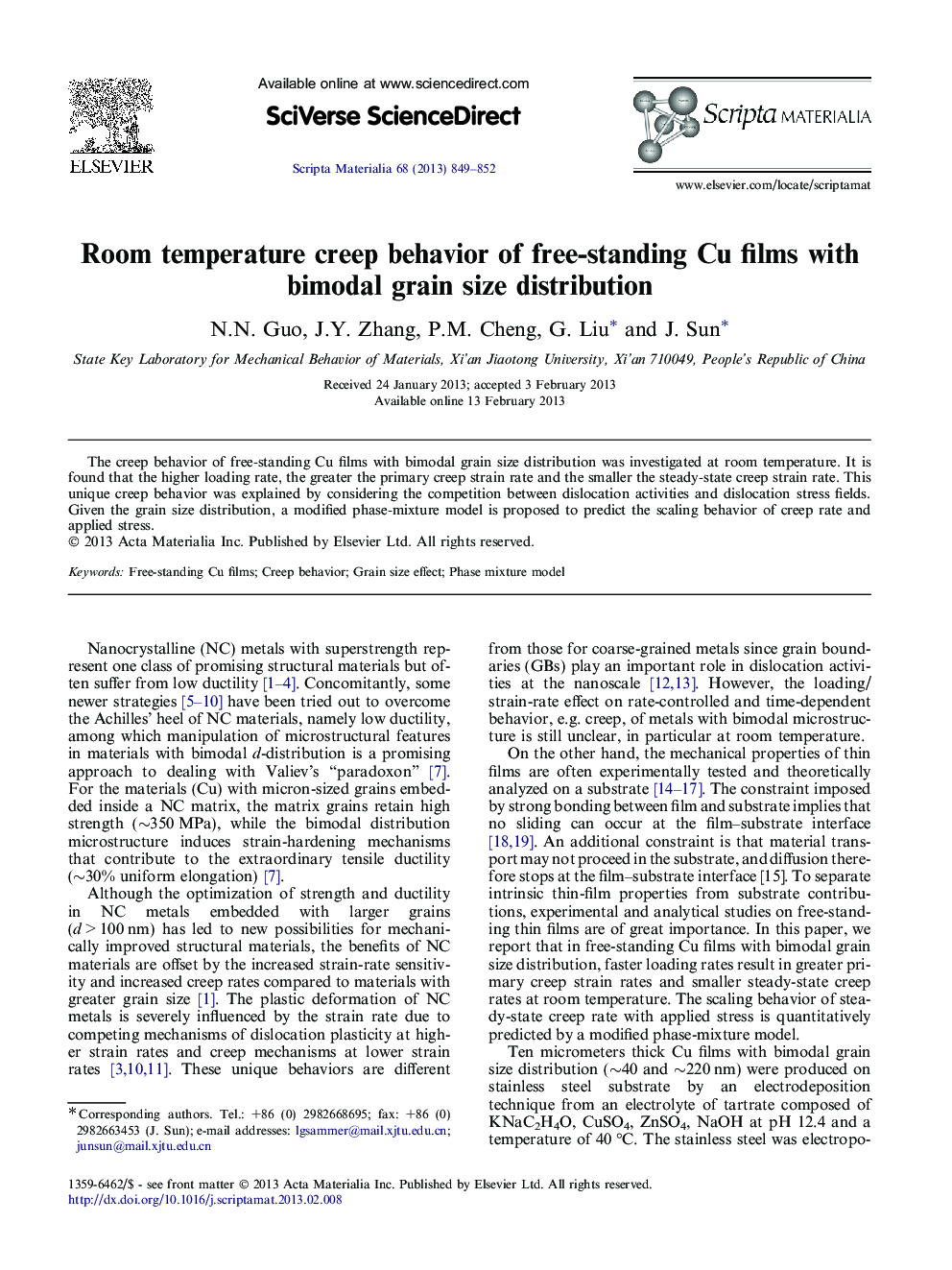 Room temperature creep behavior of free-standing Cu films with bimodal grain size distribution