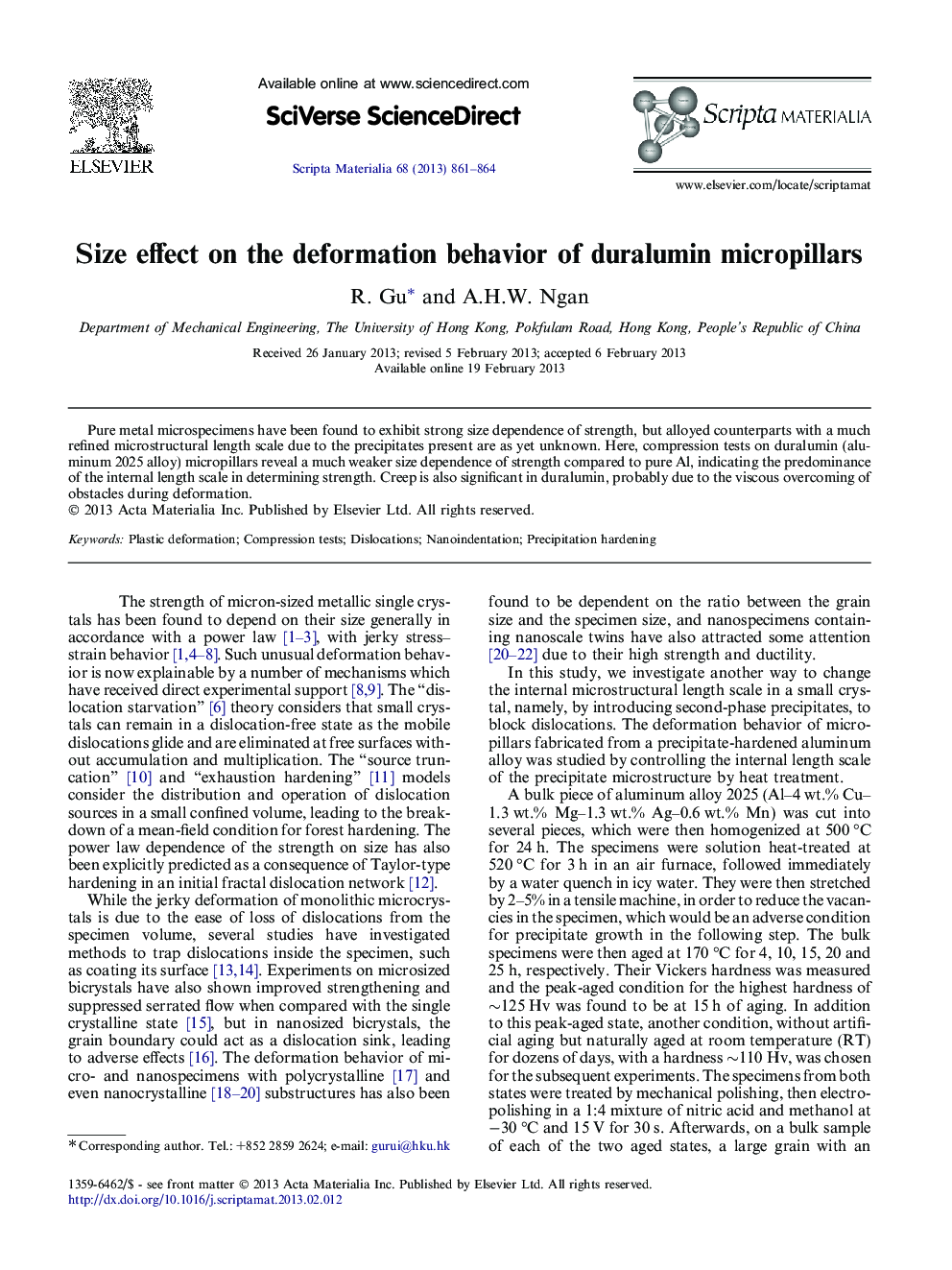 Size effect on the deformation behavior of duralumin micropillars