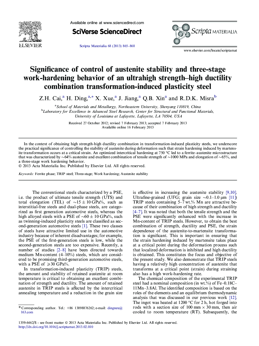 Significance of control of austenite stability and three-stage work-hardening behavior of an ultrahigh strength–high ductility combination transformation-induced plasticity steel