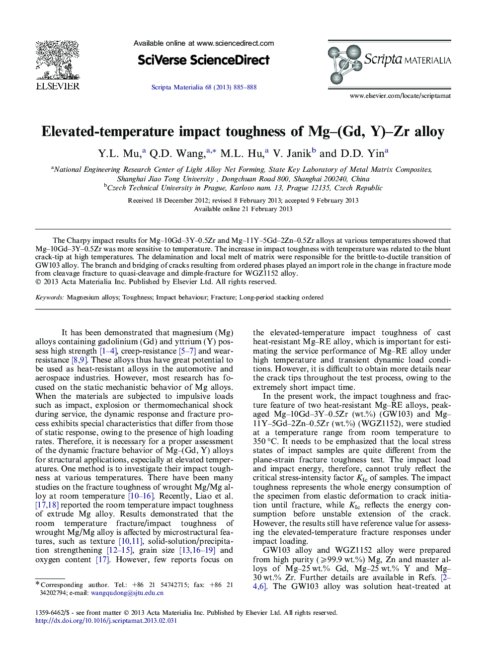 Elevated-temperature impact toughness of Mg–(Gd, Y)–Zr alloy