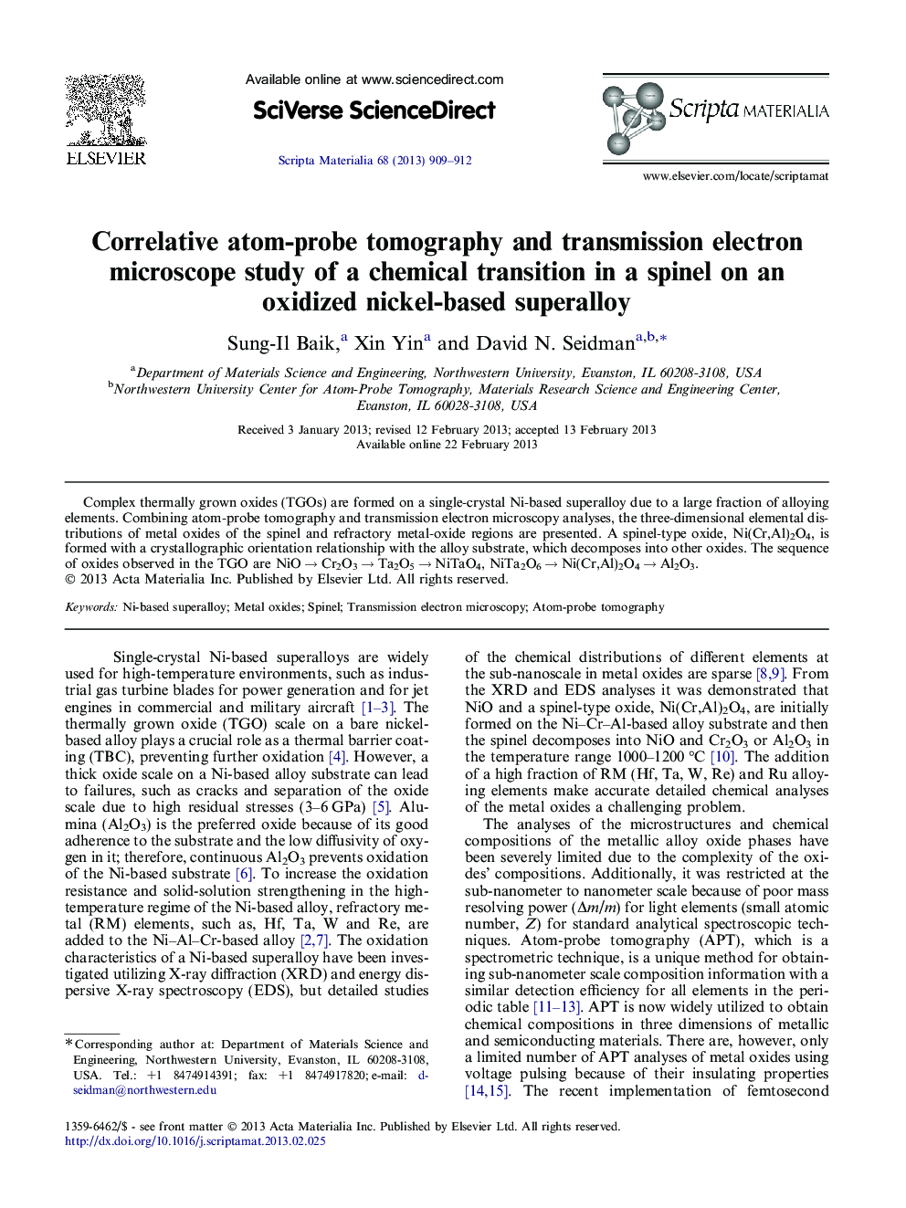 Correlative atom-probe tomography and transmission electron microscope study of a chemical transition in a spinel on an oxidized nickel-based superalloy