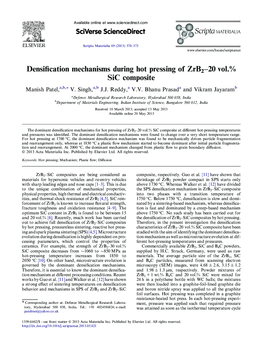 Densification mechanisms during hot pressing of ZrB2–20 vol.% SiC composite