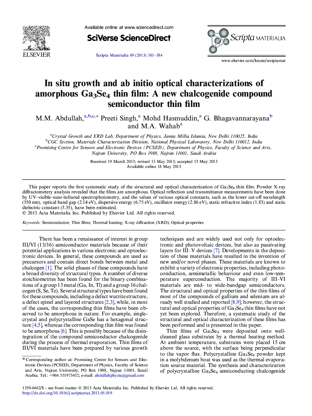 In situ growth and ab initio optical characterizations of amorphous Ga3Se4 thin film: A new chalcogenide compound semiconductor thin film