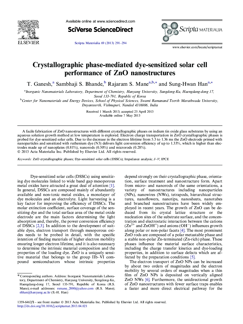 Crystallographic phase-mediated dye-sensitized solar cell performance of ZnO nanostructures