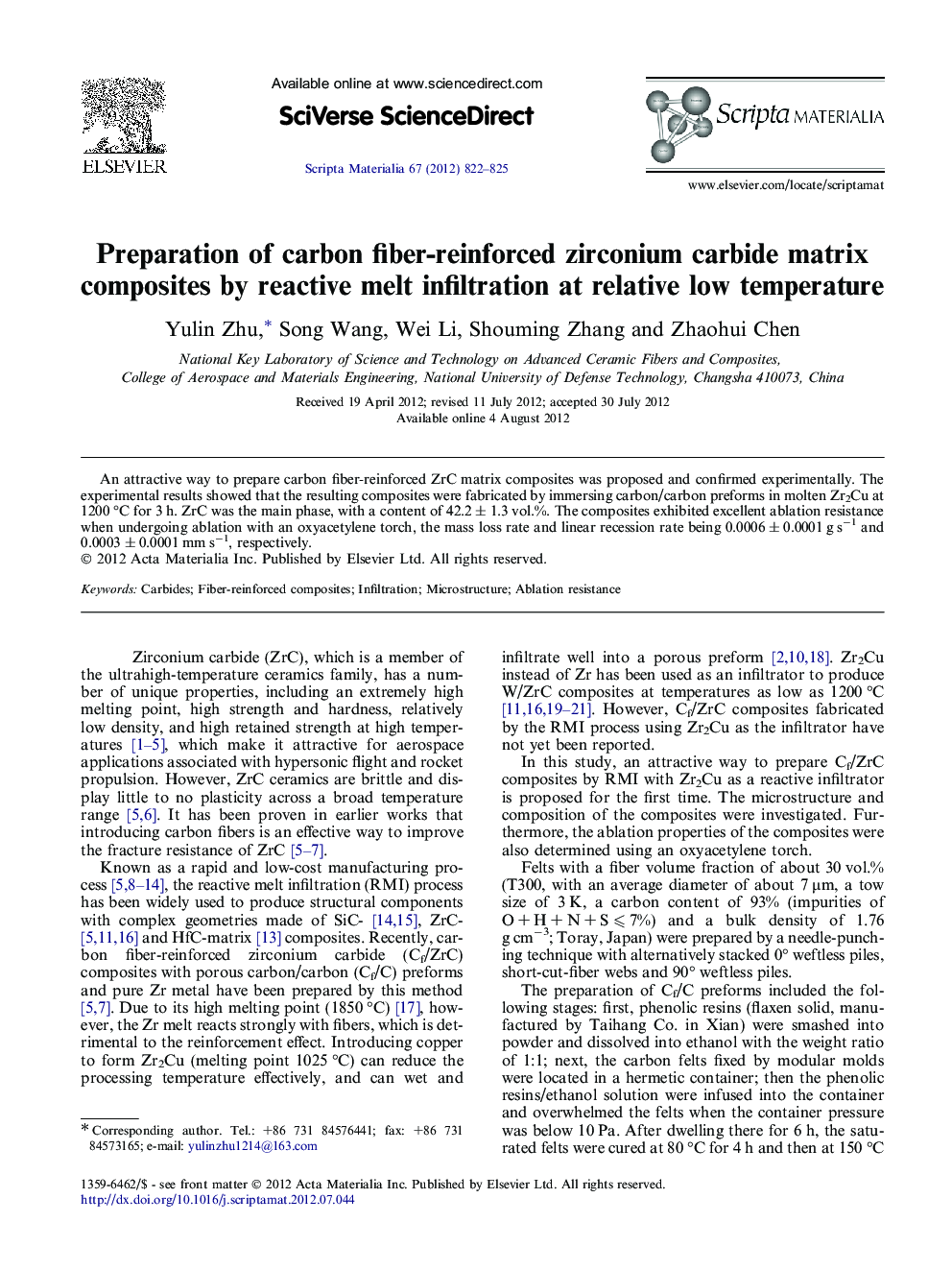 Preparation of carbon fiber-reinforced zirconium carbide matrix composites by reactive melt infiltration at relative low temperature