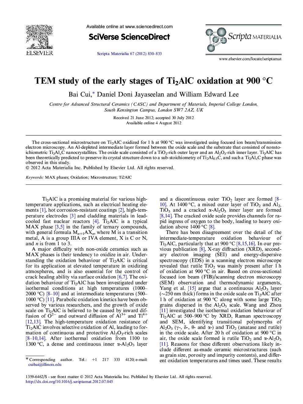 TEM study of the early stages of Ti2AlC oxidation at 900 °C