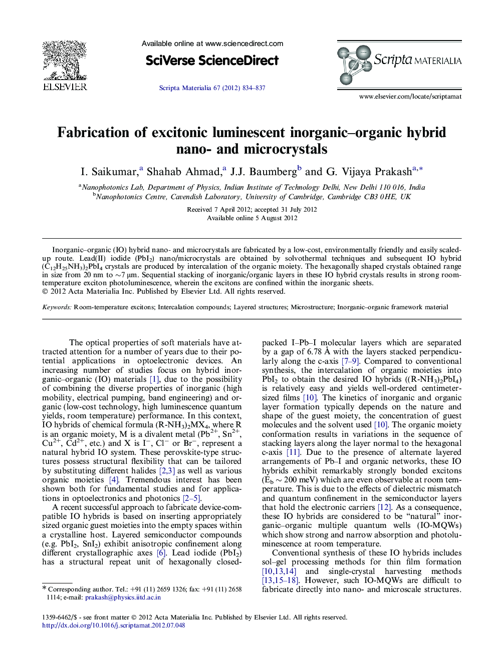 Fabrication of excitonic luminescent inorganic–organic hybrid nano- and microcrystals