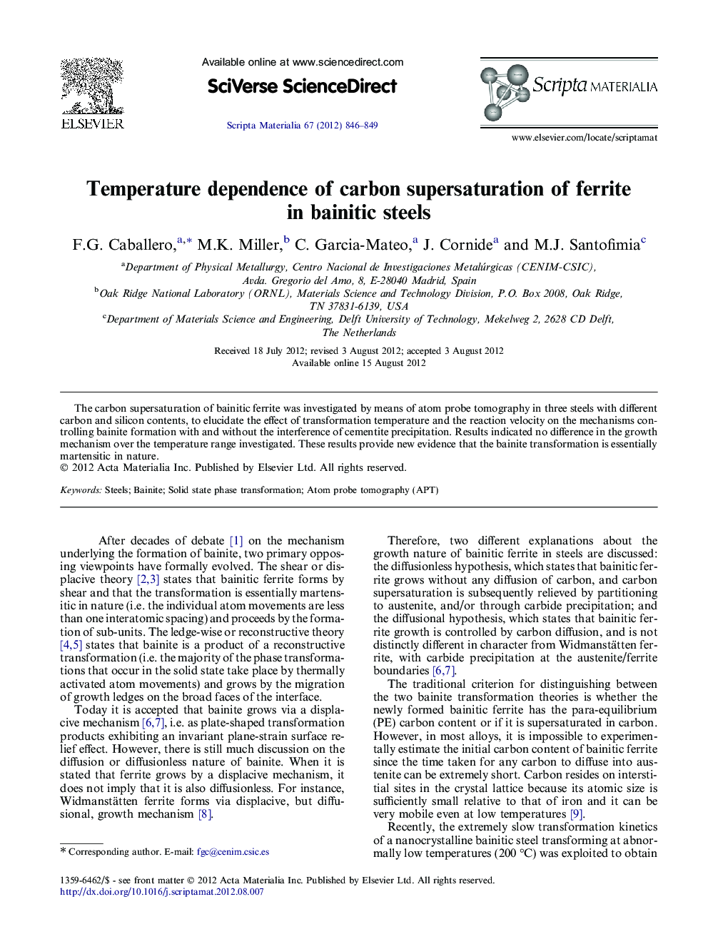 Temperature dependence of carbon supersaturation of ferrite in bainitic steels
