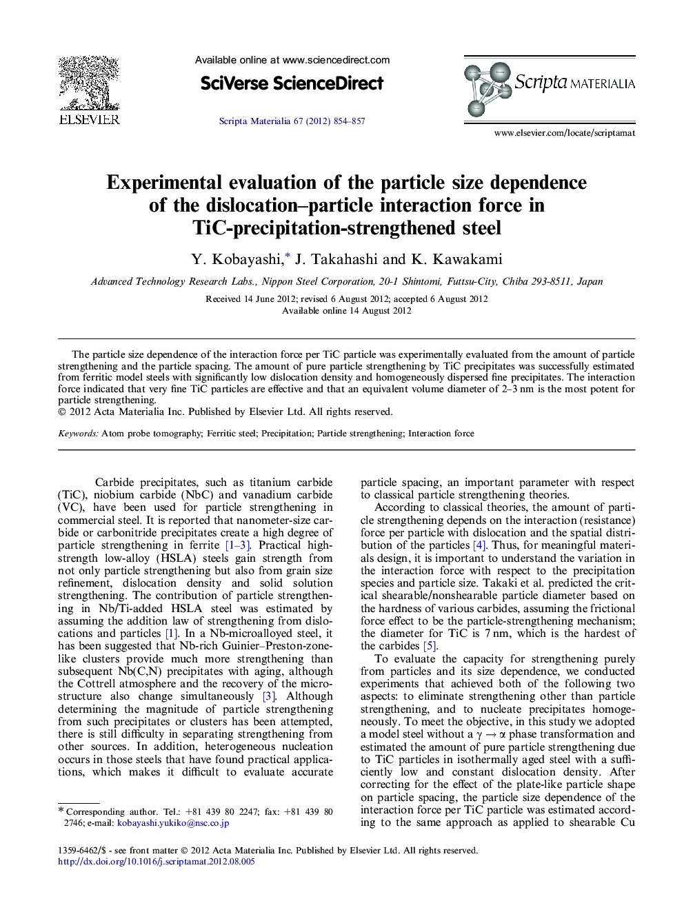 Experimental evaluation of the particle size dependence of the dislocation–particle interaction force in TiC-precipitation-strengthened steel