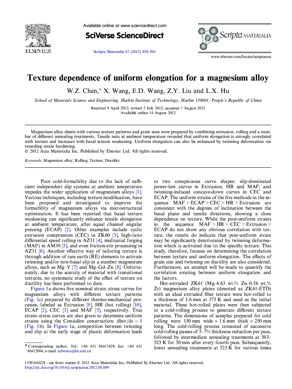 Texture dependence of uniform elongation for a magnesium alloy