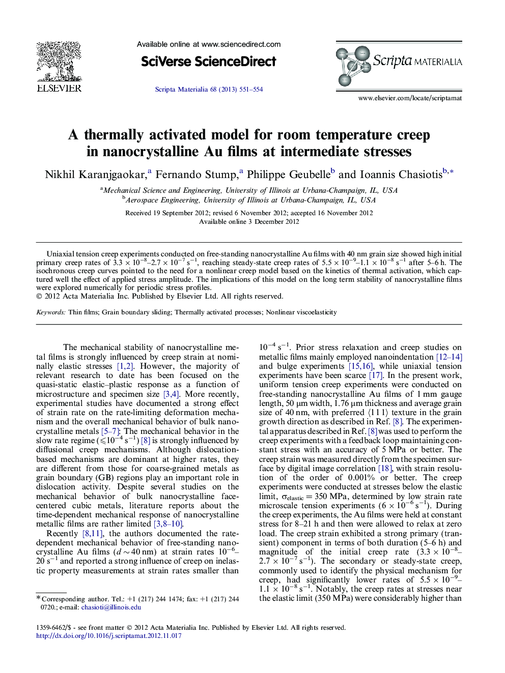 A thermally activated model for room temperature creep in nanocrystalline Au films at intermediate stresses