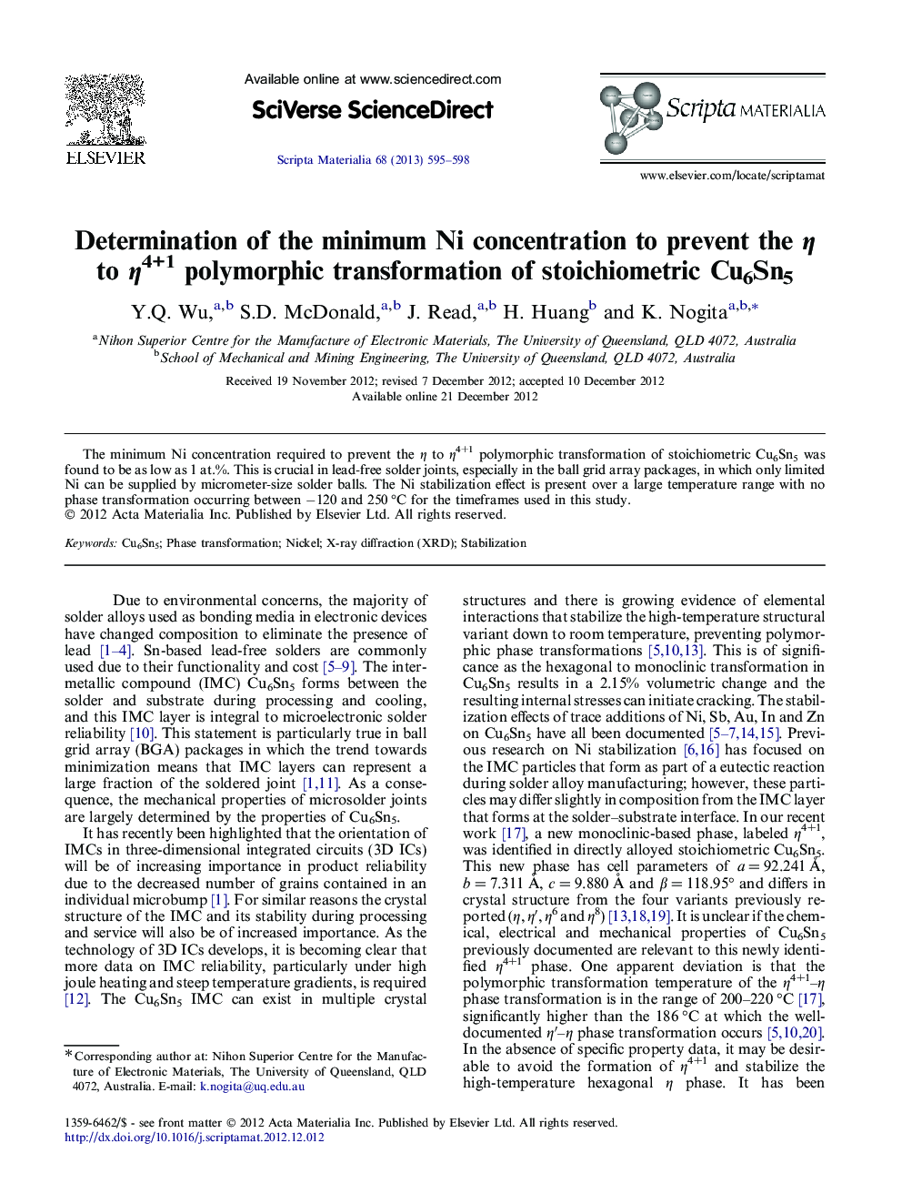 Determination of the minimum Ni concentration to prevent the η to η4+1 polymorphic transformation of stoichiometric Cu6Sn5