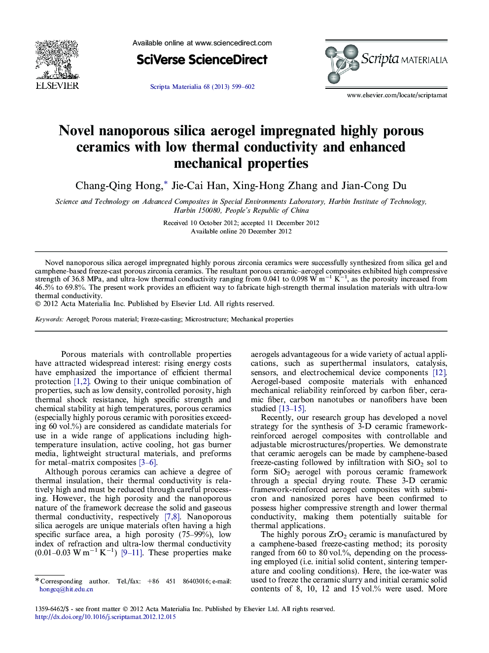 Novel nanoporous silica aerogel impregnated highly porous ceramics with low thermal conductivity and enhanced mechanical properties