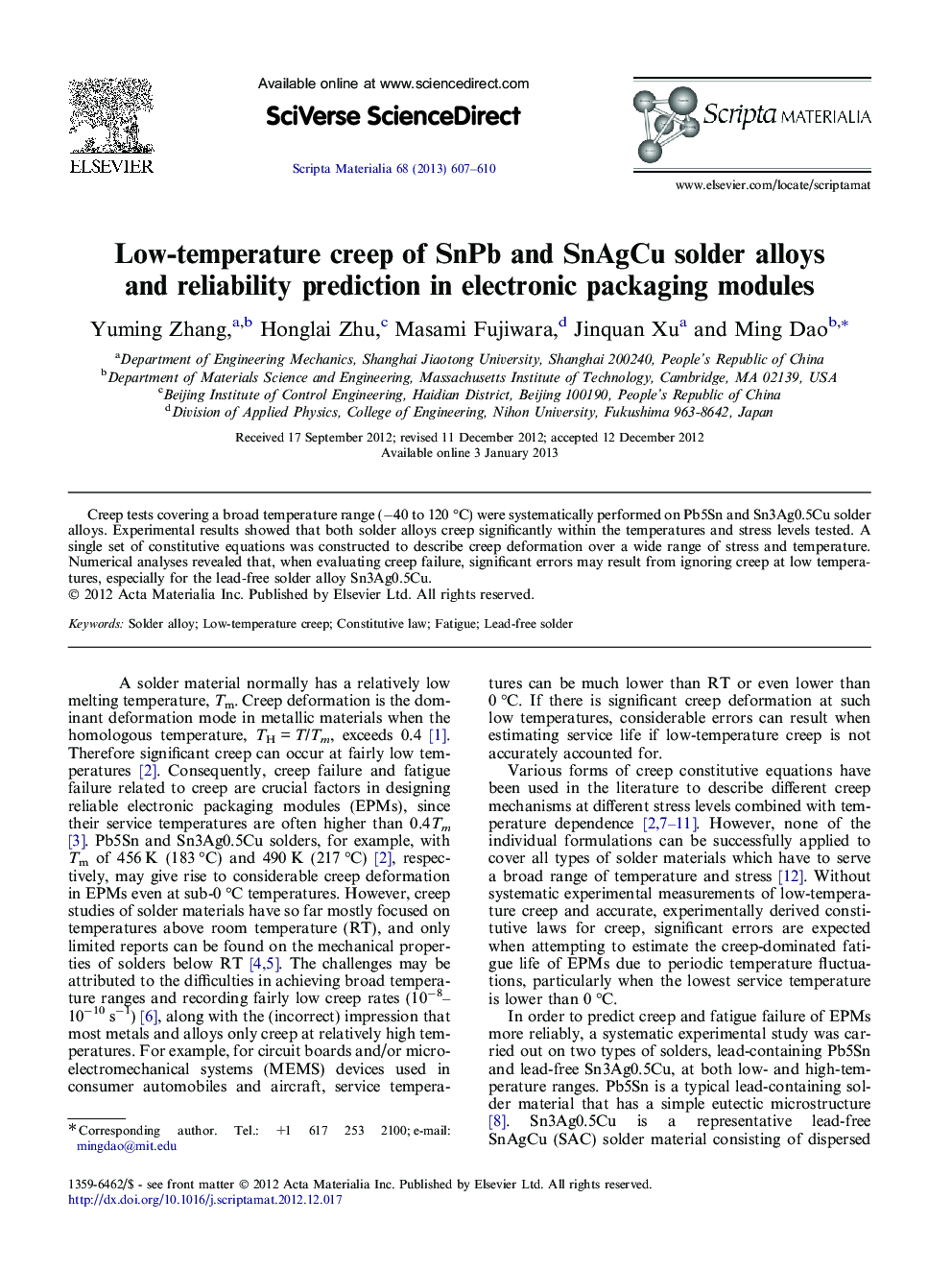 Low-temperature creep of SnPb and SnAgCu solder alloys and reliability prediction in electronic packaging modules