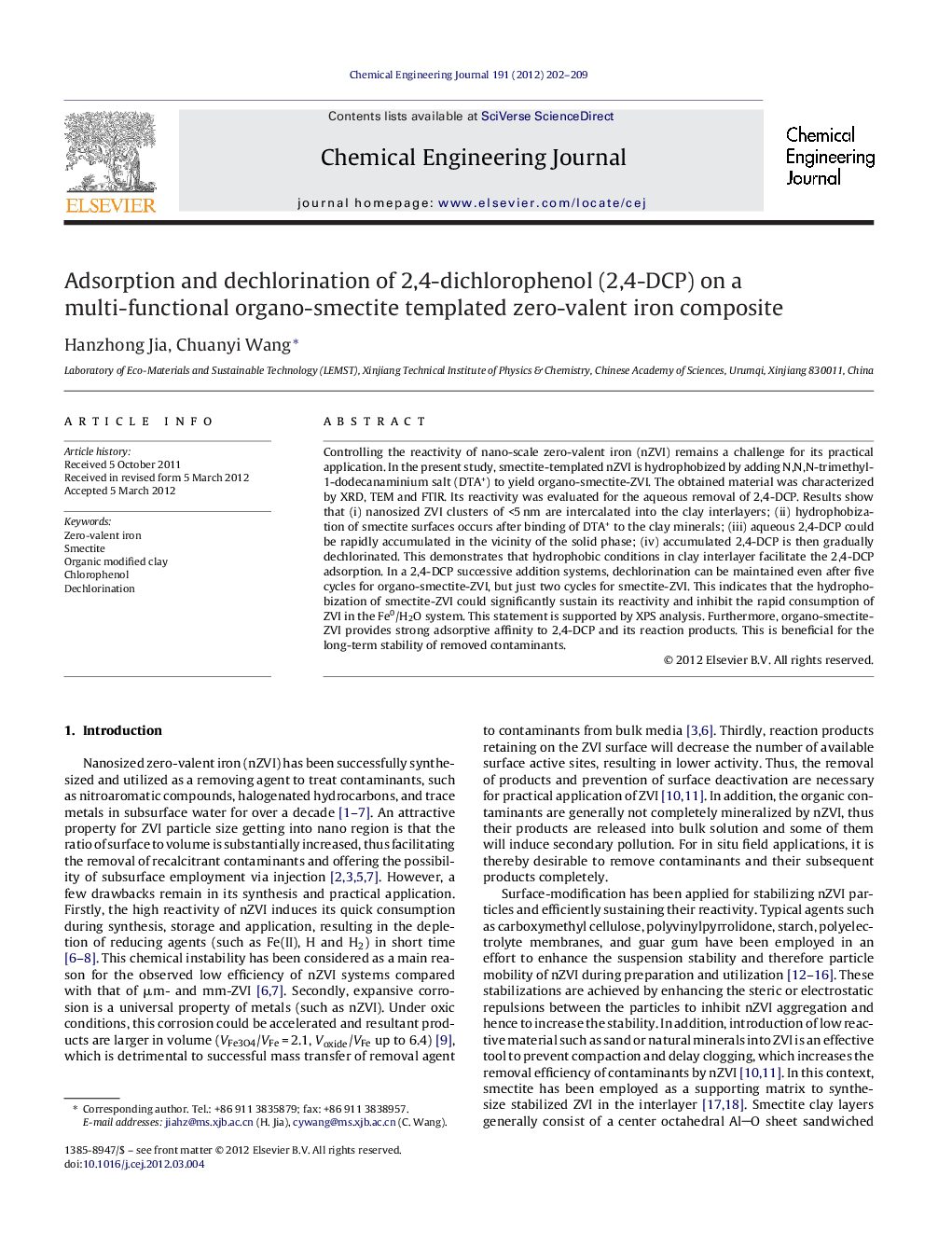 Adsorption and dechlorination of 2,4-dichlorophenol (2,4-DCP) on a multi-functional organo-smectite templated zero-valent iron composite