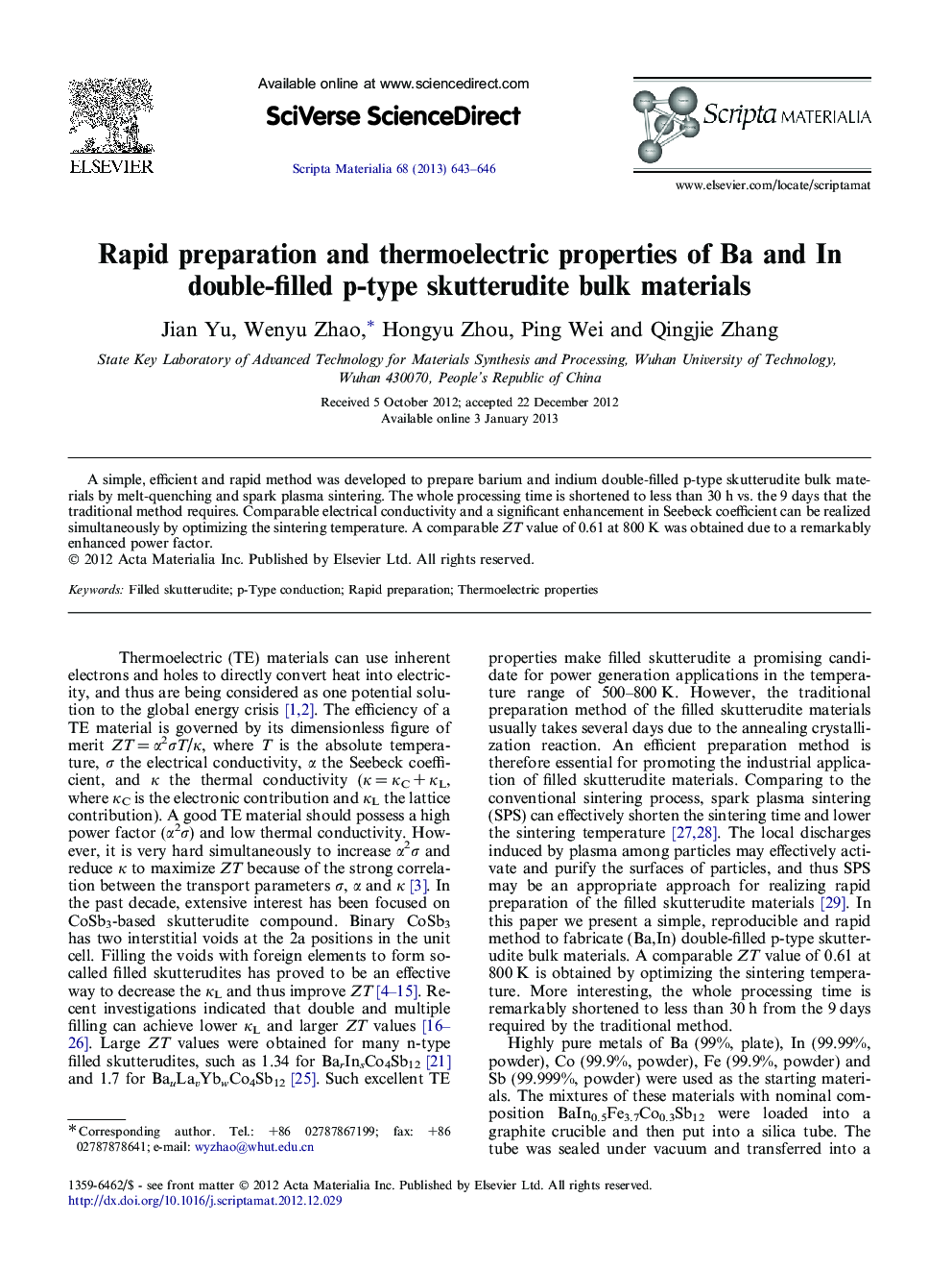 Rapid preparation and thermoelectric properties of Ba and In double-filled p-type skutterudite bulk materials