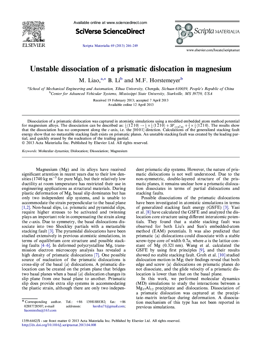 Unstable dissociation of a prismatic dislocation in magnesium