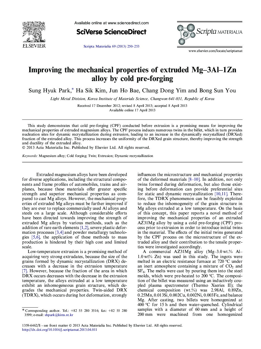 Improving the mechanical properties of extruded Mg–3Al–1Zn alloy by cold pre-forging