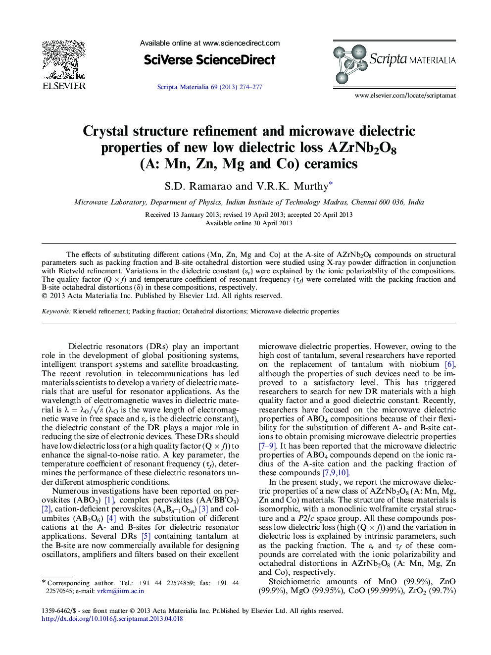 Crystal structure refinement and microwave dielectric properties of new low dielectric loss AZrNb2O8 (A: Mn, Zn, Mg and Co) ceramics