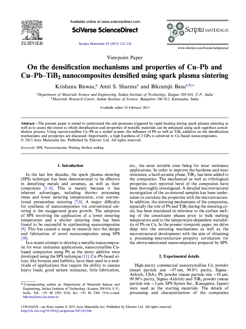 On the densification mechanisms and properties of Cu–Pb and Cu–Pb–TiB2 nanocomposites densified using spark plasma sintering
