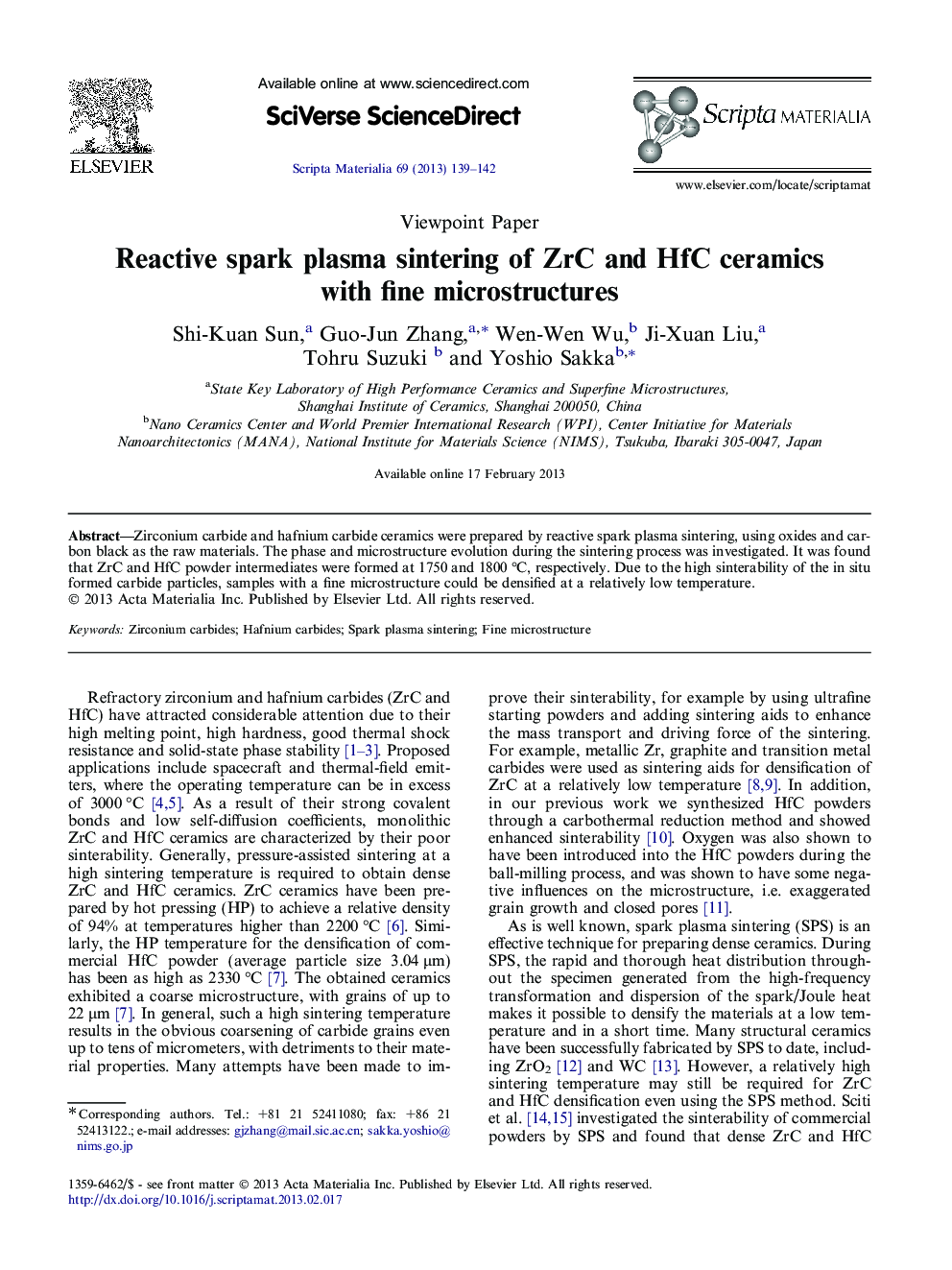 Reactive spark plasma sintering of ZrC and HfC ceramics with fine microstructures