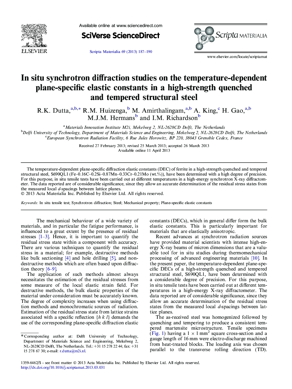 In situ synchrotron diffraction studies on the temperature-dependent plane-specific elastic constants in a high-strength quenched and tempered structural steel