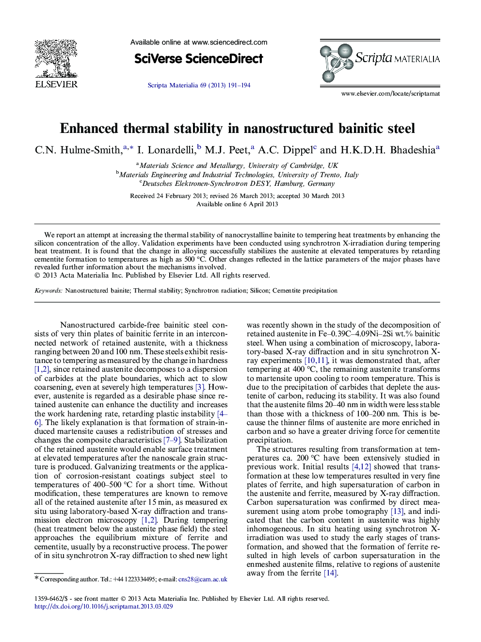 Enhanced thermal stability in nanostructured bainitic steel