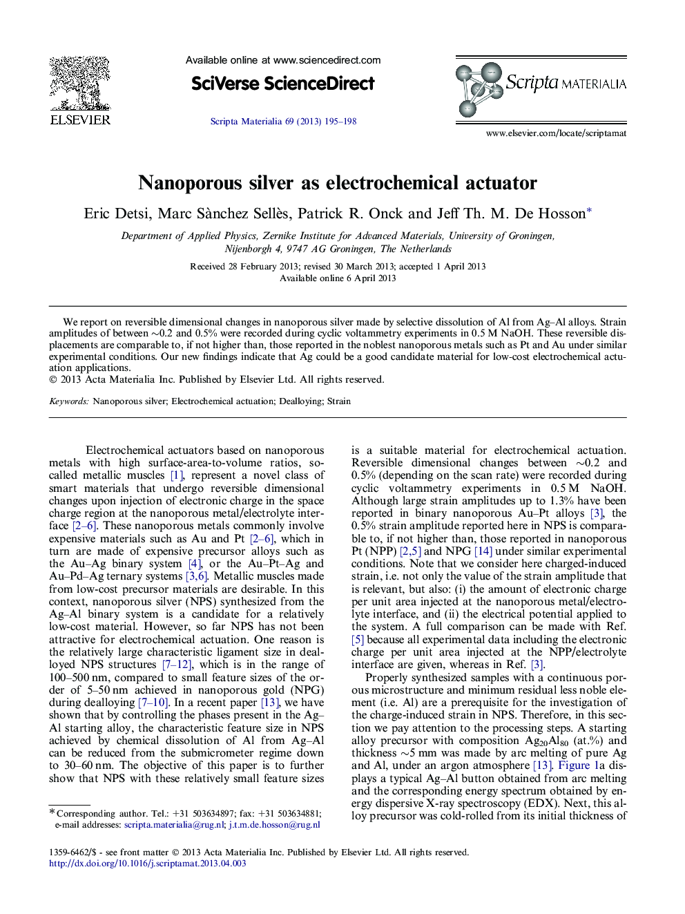 Nanoporous silver as electrochemical actuator