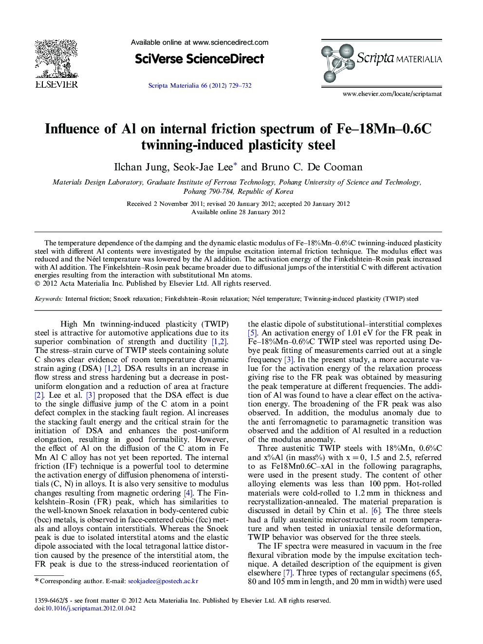 Influence of Al on internal friction spectrum of Fe–18Mn–0.6C twinning-induced plasticity steel