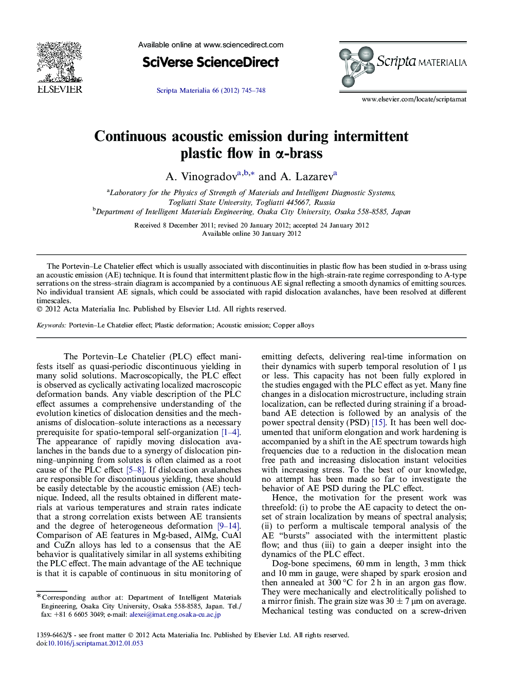 Continuous acoustic emission during intermittent plastic flow in α-brass